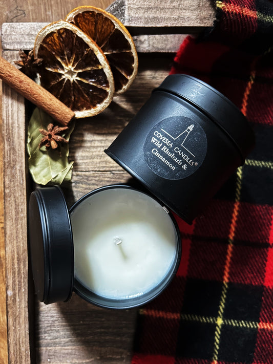 Wild Rhubarb & Cinnamon Black Tin Candle