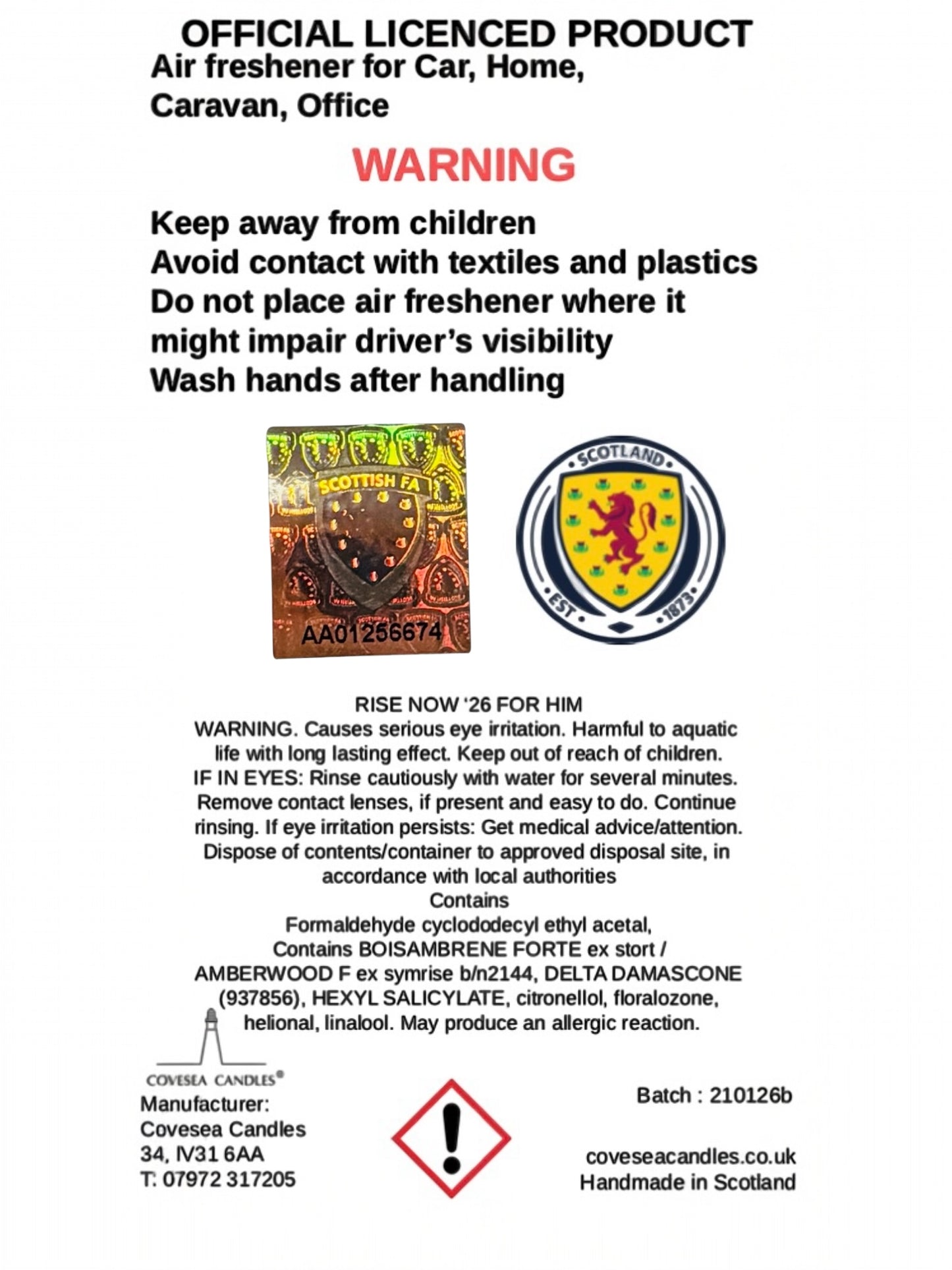 Official Scotland National Teams Rise Now ‘26 Car Air Freshener Scottish Oudh, Spice & Leather