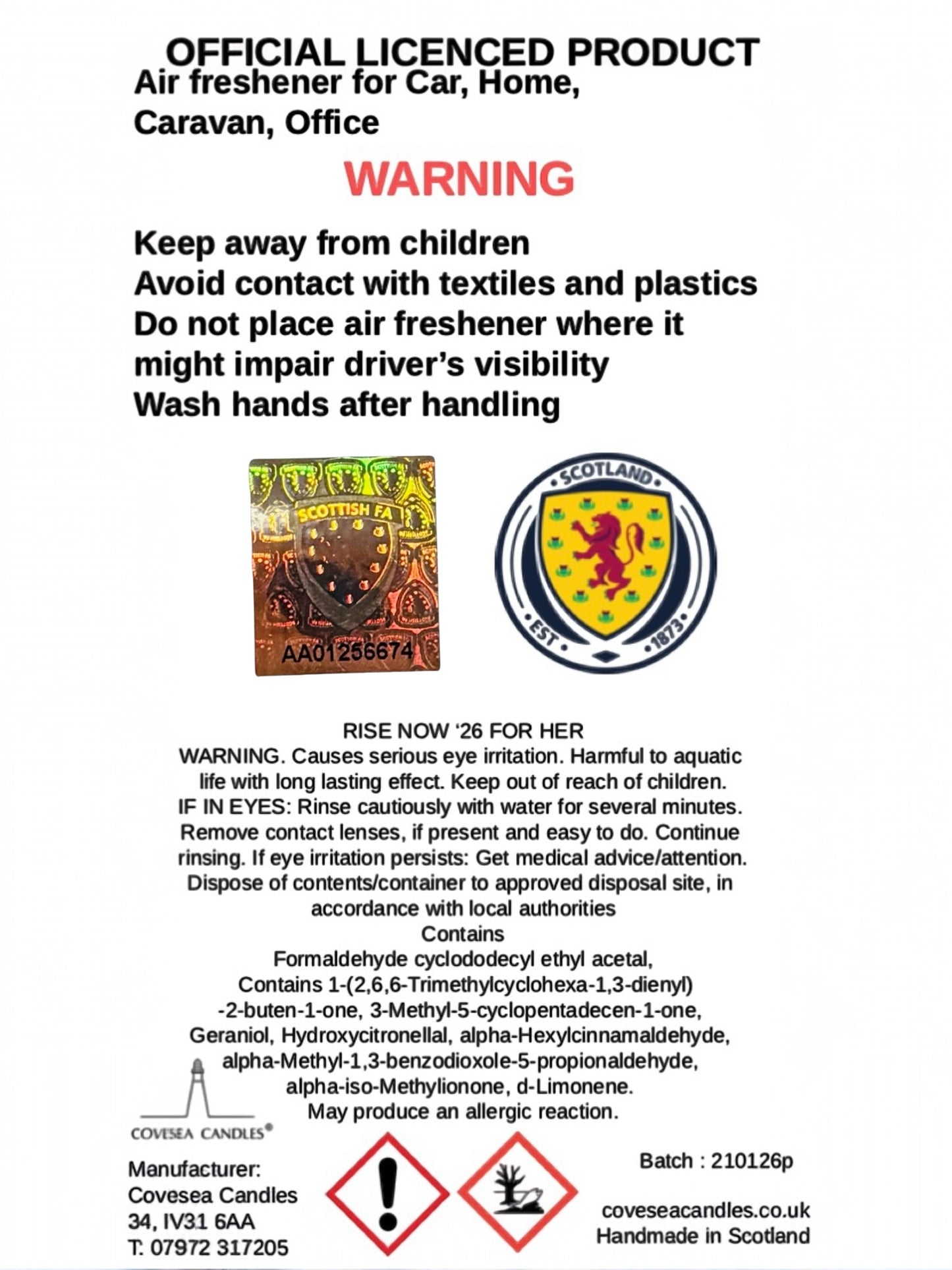 Official Team Photo 2026 Scotland National Teams Car Air Freshener Scottish Fruity & Floral